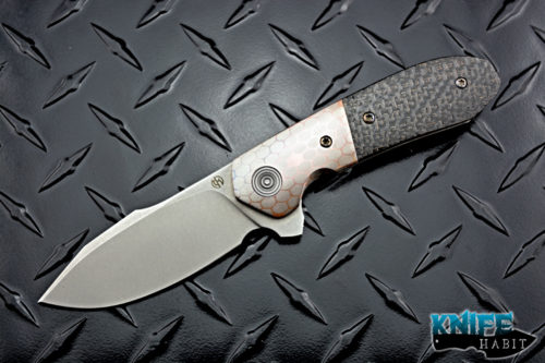 custom geoff blauvelt tuffknives switch knife, superconductor bolster, lscf handle, stonewashed titanium framelock flipper knife, 6k blade steel