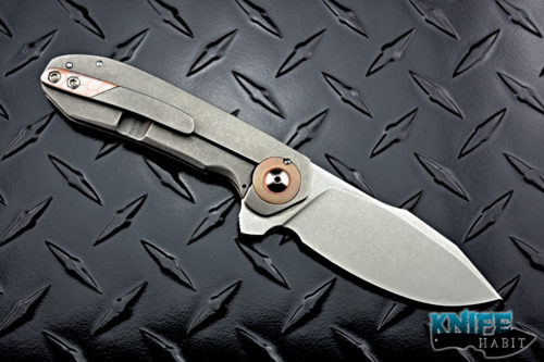 custom geoff blauvelt tuffknives switch knife, superconductor bolster, lscf handle, stonewashed titanium framelock flipper knife, 6k blade steel