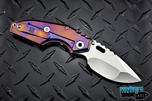 custom MSC mick strider jibble knife, satin nightmare grind, colorful purple blue bronze anodized titanium frame