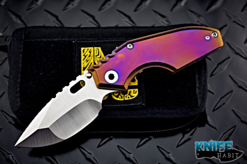 custom MSC mick strider jibble knife, satin nightmare grind, colorful purple blue bronze anodized titanium frame