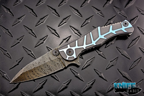 custom mikkel willumsen dredd knife, damascus blade, blue anodized milled titanium frame one-off