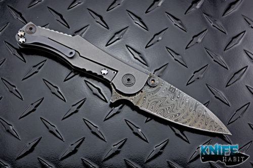 custom mikkel willumsen dredd knife, damascus blade, blue anodized milled titanium frame one-off