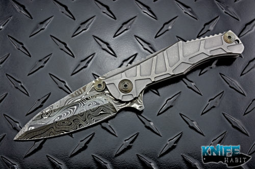 custom mikkel willumsen dredd knife, one-off, damascus blade, stonewashed milled titanium frame lock