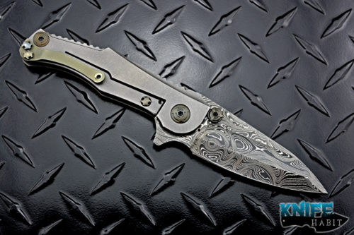 custom mikkel willumsen dredd knife, one-off, damascus blade, stonewashed milled titanium frame lock