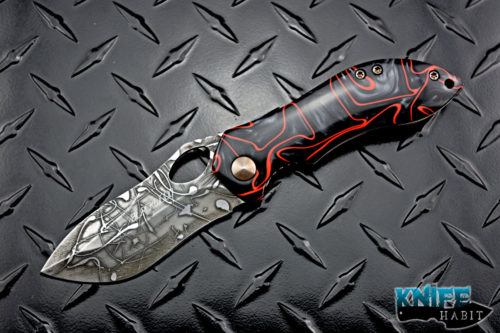 custom neil blackwood mini skirmish knife, black red micarta, flame anodized, clay hardened hamon blade, etched splatter finish