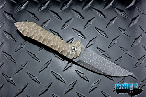 custom peter rassenti druid flipper knife, sculpted bronzed titanium integral frame, zirconium pivot collars, damascus blade