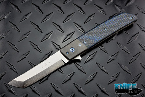 custom pohan leu hamachi flipper knife, blue carbon fiber handle, zirconium poster, s35vn blade steel, satin tanto grind