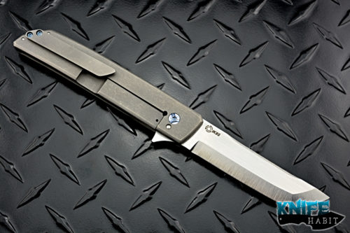 custom pohan leu hamachi flipper knife, blue carbon fiber handle, zirconium poster, s35vn blade steel, satin tanto grind