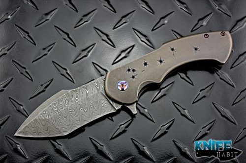 custom rick barrett fallout knife, edc carry size, chad nichols damascus blade steel, bullet hole riddled stonewashed titanium, timascus clip