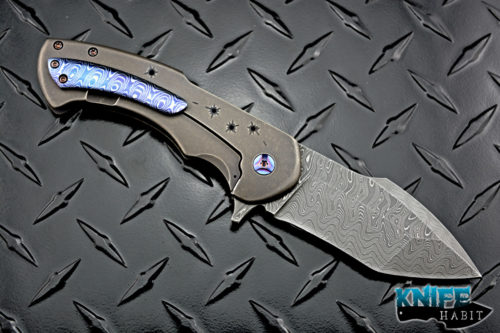 custom rick barrett fallout knife, edc carry size, chad nichols damascus blade steel, bullet hole riddled stonewashed titanium, timascus clip