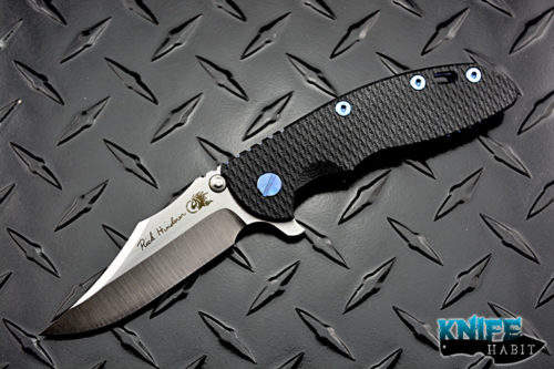 custom rick hinderer xm-18 knife, satin bowie blade, black g10, blue anodized hardware