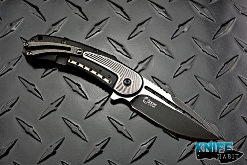customized todd begg mini bodega knife, black and silver fan pattern, dual tone acid wash and satin s35vn blade steel