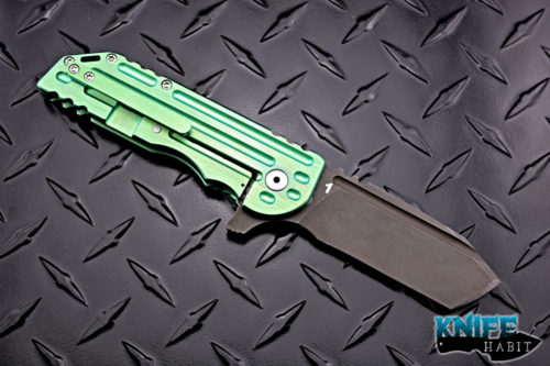 custom alphahunter tactical design warhulk knife, green teal anodized titanium, acid washed blade, 1 of 5 made, 3v blade steel