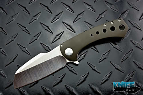 custom todd fischer bros launch knife, satin blade, acid wash titanium speed hole milled handle