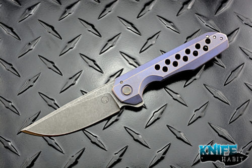 custom geoff blauvelt tuffknives no name knife, stonewashed cts-xhp blade steel, purple anodized speed whole hole titanium frame