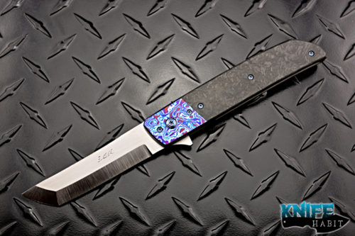 custom pohan leu hamachi flipper knife, timascus bolster, carbon fiber, titanium framelock, zirconium clip, s35vn blade steel