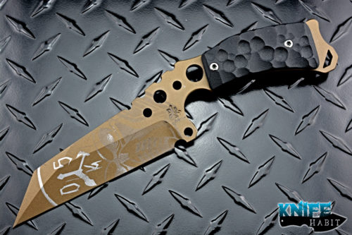 custom dsk tactical fixed blade knife, bronzed, g10, skull logo