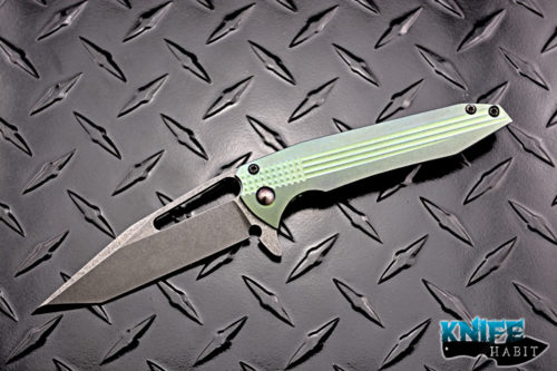 custom gavko knives mako, thick acid washed aeb-l blade, green and blue anodized titanium frame