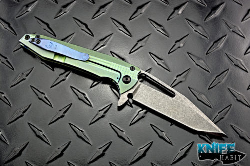 custom gavko knives mako, thick acid washed aeb-l blade, green and blue anodized titanium frame