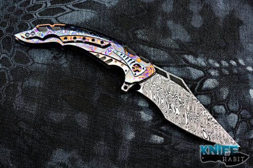 custom ron best p-51 knife, timascus frame, white pearl inlays, damasteel blade