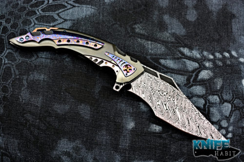 custom ron best p-51 knife, zirconium frame, timascus, damasteel blade