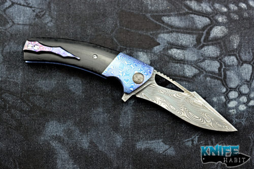 custom tk knives kyre sayuri flipper knife, mokuti bolsters, damasteel blade steel, black g10 scales