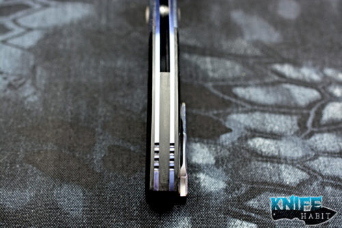 custom tk knives kyre sayuri flipper knife, mokuti bolsters, damasteel blade steel, black g10 scales