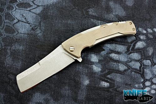 custom TK knives juggernaut knife, stonewashed titanium frame, blue anodized scultped backspacer