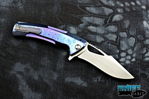 custom TK knives sayurai knife, full mokuti frame, anodized and scultped titanium clip and backspacer, bohler n690 satin blade
