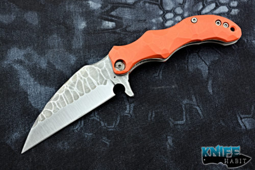 andy apeiron cronenberg custom knife, orange g10, sculpted niolox blade steel, titanium knife clip