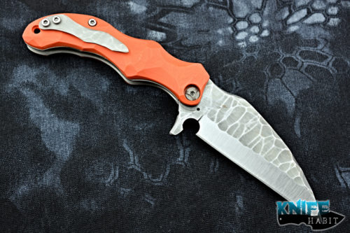 andy apeiron cronenberg custom knife, orange g10, sculpted niolox blade steel, titanium knife clip