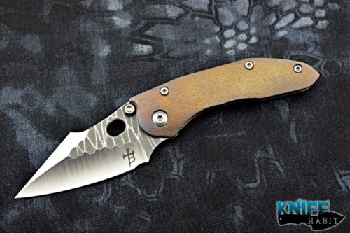 custom borka blades stitch knife, purple bronze anodized titanium frame, sculpted m390 blade steel