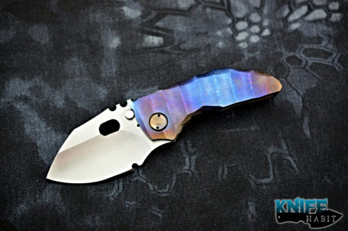 custom dalibor bergam mini draco integral knife, blue purple anodized titanium frame, deep sculpting, satin 3v blade steel