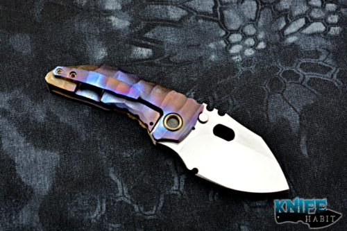 custom dalibor bergam mini draco integral knife, blue purple anodized titanium frame, deep sculpting, satin 3v blade steel