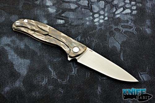 custom igor shirogorov f95 knife, titanium camo tactical flipper, stonewashed m390 blade steel