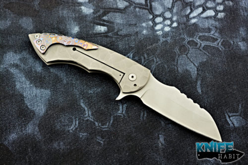 custom brad blount alphahunter tactical design collab predator knife, stonewashed, sculpted, timascus clip