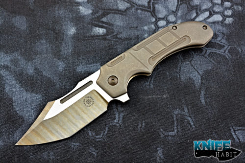 custom david mosier tribulation knife, bronzed milled titanium frame, etched blade