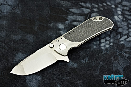 custom direware m8 knife, satin bohler m390 blade steel, multi-grind, drop point, silver light strike carbon fiber scales