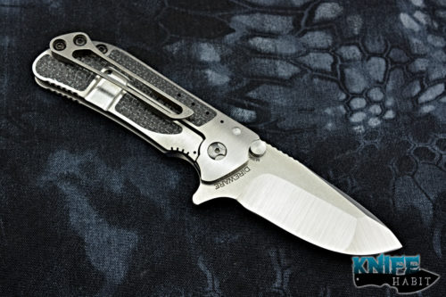 custom direware m8 knife, satin bohler m390 blade steel, multi-grind, drop point, silver light strike carbon fiber scales