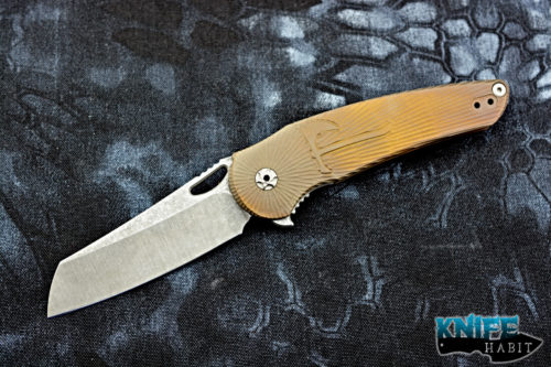 custom jake hoback osf knife, bronze star finished titanium, acid stonewashed blade steel