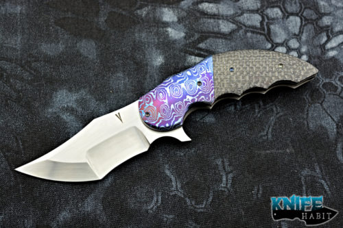 custom jeff vandermeulen homicide knife, crosswalk mokuti bolsters, satin xhp blade steel, silver light strike carbon fiber