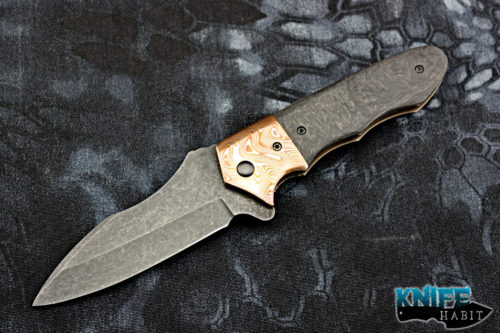 custom jonathan mcnees skybolt knife, mokume bolster, marbled carbon fiber, cpm 3v blade steel