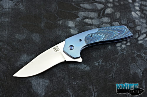 custom les voorhies claymore knife, blue twill scales, blue anodized titanium bolsters, liners, hardware, satin xhp blade steel