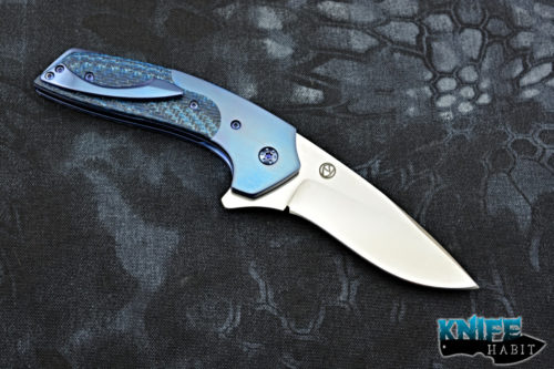 custom les voorhies claymore knife, blue twill scales, blue anodized titanium bolsters, liners, hardware, satin xhp blade steel