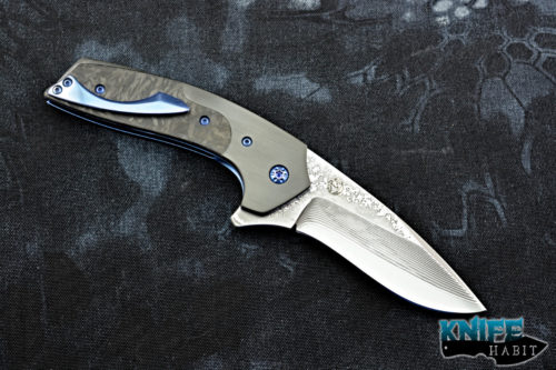 custom les voorhies claymore knife, vg10 damascus blade, zirconium bolsters, blue anodized titanium hardware