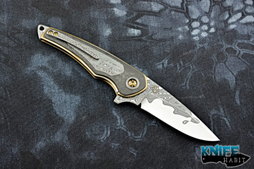 custom les voorhies simplex knife, san mai damascus blade steel, marbled carbon fiber scales