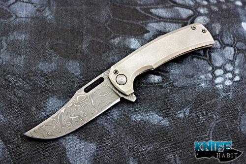 custom nova blades skorpion knife, stonewashed titanium, chad nichols san mai damascus blade steel