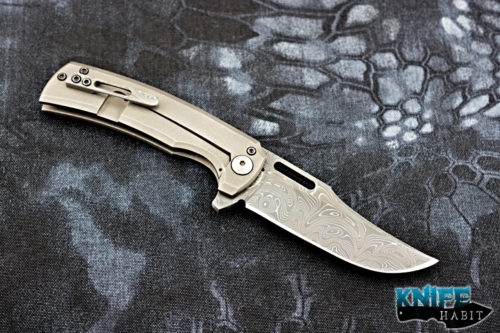 custom nova blades skorpion knife, stonewashed titanium, chad nichols san mai damascus blade steel