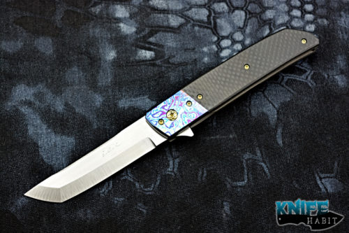 custom pohan leu hamachi knife, tanto s35vn blade steel, carbon fiber handle, timascus bolster, zirconium clip