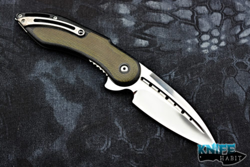 custom todd begg glimpse 7.0 knife, prototype #2, green canvas micarta, RWL-32 blade steel, mirror polished
